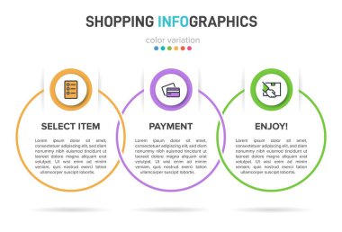 Üst üste üç adımla alışveriş süreci kavramı. Üç renkli grafik öğe. Broşür, sunum ve web sitesi için zaman çizelgesi tasarımı. Infographic tasarım düzeni.