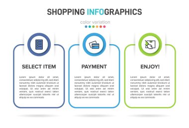 Üst üste üç adımla alışveriş süreci kavramı. Üç renkli grafik öğe. Broşür, sunum ve web sitesi için zaman çizelgesi tasarımı. Infographic tasarım düzeni.