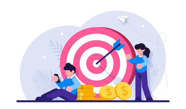 Concept of financial target. Data analytics, marketing solutions. financial performance. People in the background of the target and stacks of coins. Moden flat illustration. — Stock Vector