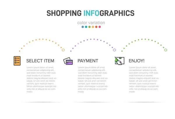 Concept of shopping process with 3 successive steps. Three colorful graphic elements. Timeline design for brochure, presentation, web site. Infographic design layout. — Stock Vector