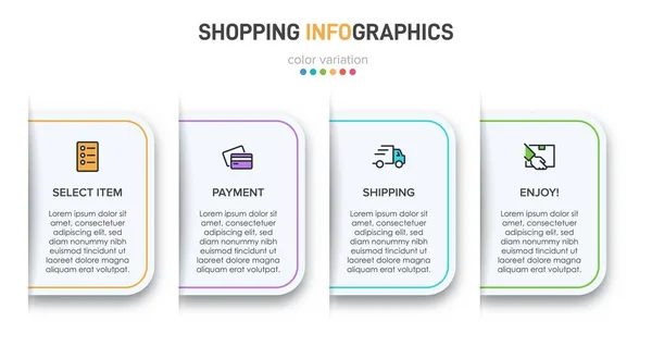 Begreppet shopping process med 4 på varandra följande steg. Fyra färgstarka grafiska element. Tidslinje design för broschyr, presentation, hemsida. Infografisk utformning. — Stock vektor