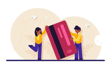 Güvenli elektronik veya kablosuz ödeme hizmeti kavramı. Plastik banka ya da kredi kartı tutan kadın ve erkek. Dijital işlem, para transferi. Modern düz resimleme.
