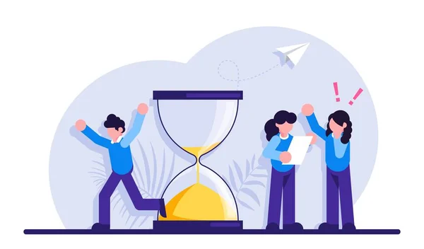 Concept of project deadline. Man running in panic and hourglass. Girls discuss the project. effective project time planning and management, procrastination and anxiety at work. Modern illustration. — Stock Vector