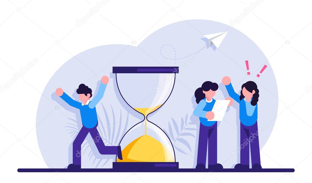 Concept of project deadline. Man running in panic and hourglass. Girls discuss the project. effective project time planning and management, procrastination and anxiety at work. Modern illustration.