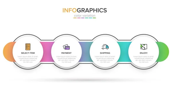 Peş peşe dört adımla alışveriş süreci kavramı. Dört renkli grafik elementi. Broşür, sunum ve web sitesi için zaman çizelgesi tasarımı. Infographic tasarım düzeni. — Stok Vektör