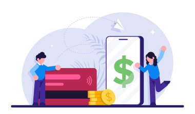 Finansal işlemler kavramı. Nakit ödemesiz işlemler. Pos-terminal ve ödeme sistemleri, para birimi, madeni paralar, NFC ödeme sistemi. Modern düz resimleme.