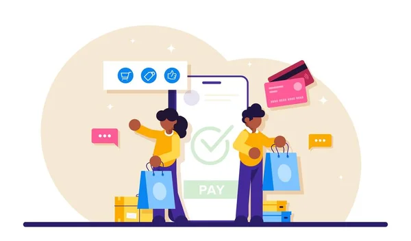 Concept of Online commerce. E-business or e-commerce technology. Mobile app for payment with credit card and web banking customer. Modern flat illustration. — Stock Vector