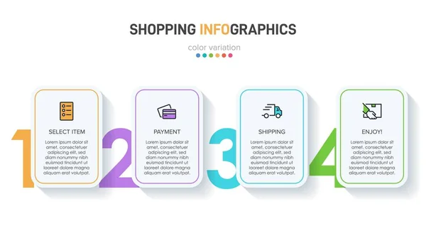 Begreppet shopping process med 4 på varandra följande steg. Fyra färgstarka grafiska element. Tidslinje design för broschyr, presentation, hemsida. Infografisk utformning. — Stock vektor