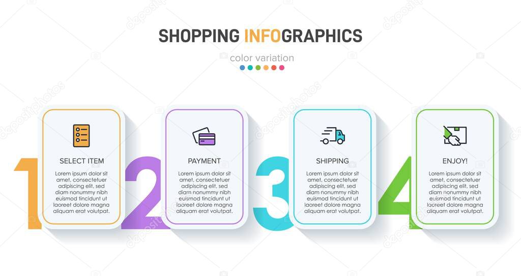 Concept of shopping process with 4 successive steps. Four colorful graphic elements. Timeline design for brochure, presentation, web site. Infographic design layout.