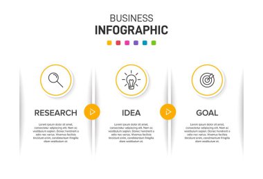 Ardışık üç adımlı ok iş modeli kavramı. Üç renkli grafik öğe. Broşür ve sunum için zaman çizelgesi tasarımı. Infographic tasarım düzeni.