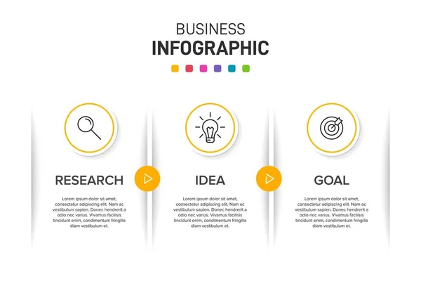 Concept de modèle d'affaires de flèche avec 3 étapes successives. Trois éléments graphiques colorés. Conception du calendrier pour la brochure, la présentation. Mise en page infographique. — Image vectorielle