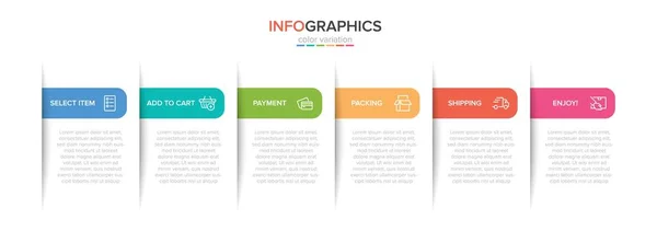Концепція процесу покупки з 6 послідовними кроками. Шість барвистих графічних елементів. Схема дизайну брошури, презентації, веб-сайту. Компонування інфографіки . — стоковий вектор