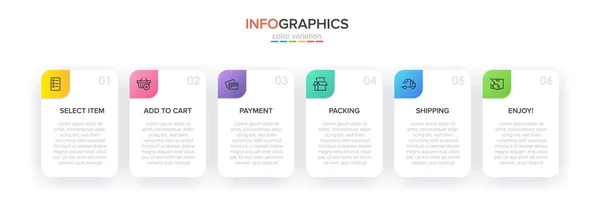 Concept van het winkelproces met 6 opeenvolgende stappen. Zes kleurrijke grafische elementen. Tijdlijn ontwerp voor brochure, presentatie, website. Infografische vormgeving. — Stockvector