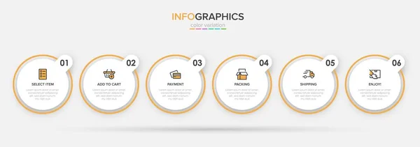 Begreppet shopping process med 6 på varandra följande steg. Sex färgstarka grafiska element. Tidslinje design för broschyr, presentation, hemsida. Infografisk utformning. — Stock vektor