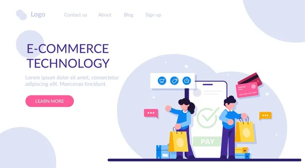 Concept of Online commerce. E-business or e-commerce technology. Mobile app for payment with credit card and web banking customer. Modern flat illustration. — Stock Vector