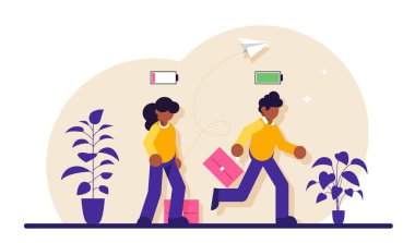 İş konsepti. Enerji bataryası ikonu dolu neşeli iş adamı ve yorgun iş adamı yavaşça düşük enerji bataryası ikonuyla yürüyor. Modern düz resimleme.