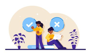 Test konseptini dolduruyorum. Müşteri Tecrübeleri ve Memnuniyeti. Kadın ve Adam Çek İşareti Koyuyor. Müşteri Gözlem Formu Doldurma Testi. Modern düz resimleme.