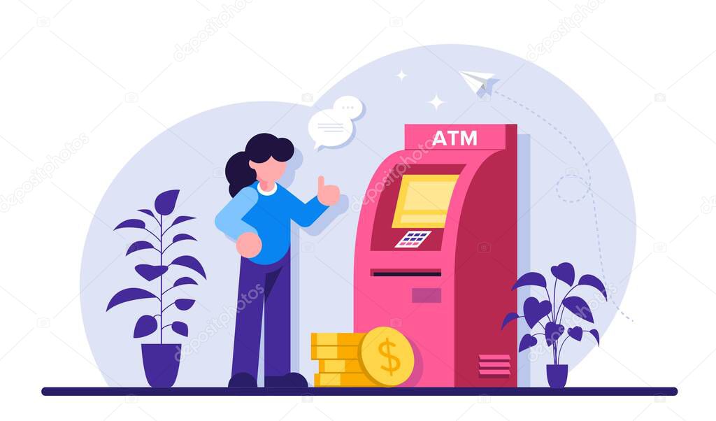 ATM machine concept. Man perform financial transactions using ATM. People are waiting near ATM machine, Queue at the ATM. Modern flat illustration.