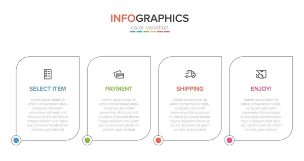 Concept van het winkelproces met 4 opeenvolgende stappen. Vier kleurrijke grafische elementen. Tijdlijn ontwerp voor brochure, presentatie, website. Infografische vormgeving. — Stockvector