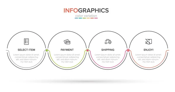 Konzept des Einkaufsprozesses mit 4 aufeinanderfolgenden Schritten. Vier farbenfrohe grafische Elemente. Timeline-Design für Broschüre, Präsentation, Website. Gestaltung der Infografik. — Stockvektor