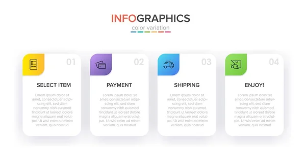 Konzept des Einkaufsprozesses mit 4 aufeinanderfolgenden Schritten. Vier farbenfrohe grafische Elemente. Timeline-Design für Broschüre, Präsentation, Website. Gestaltung der Infografik. — Stockvektor