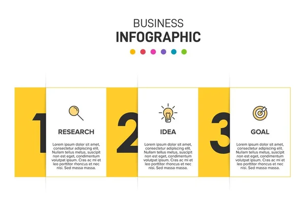 Konzept des Pfeil-Geschäftsmodells mit 3 aufeinander folgenden Schritten. Drei farbenfrohe grafische Elemente. Timeline-Design für Broschüre, Präsentation. Gestaltung der Infografik. — Stockvektor