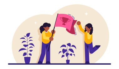 Başarı konsepti. Takım çalışması, hedef başarısı, başarının ve yüksekliğin sembolü olarak bayrak. Elinde bayrak olan bir kadın. Hedefe ulaşma başarısı. Modern düz vektör illüstrasyonu.