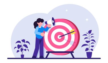 İş görüşü. Hedef başarısı, motivasyon artışı, başarılı sözleşme ekibi çalışması. Hoparlörlü kadın hedefin yanında duruyor. Modern düz vektör illüstrasyonu