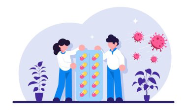 Doktor ve ilaç dolu bir hemşire var. Antiviral. COVID-19 'a karşı zafer. Modern düz vektör illüstrasyonu.