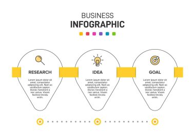 Ardışık üç adımlı ok iş modeli kavramı. Üç renkli grafik öğe. Broşür ve sunum için zaman çizelgesi tasarımı. Infographic tasarım düzeni.