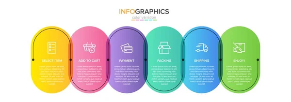 6 개의 연속적 인 단계를 가진 쇼핑 프로세스의 개념. 여섯 가지 다채 로운 그래픽 요소. 팜플렛, 프레젠테이션, 웹 사이트를 위한 타임 라인 디자인. 그래픽 디자인 레이아웃. — 스톡 벡터