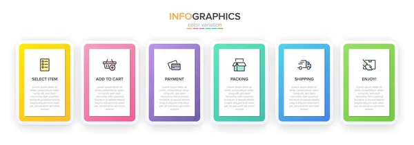 A vásárlási folyamat koncepciója 6 egymást követő lépésben. Hat színes grafikai elem. Idővonal tervezése prospektus, prezentáció, weboldal. Infografikai tervezési elrendezés. — Stock Vector