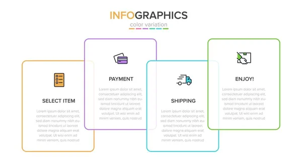 Concept of shopping process with 4 successive steps. Four colorful graphic elements. Timeline design for brochure, presentation, web site. Infographic design layout. — Stock Vector