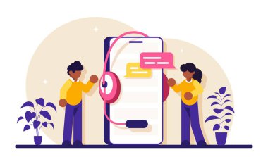 Teknik destek çalışanları kulaklıklı büyük bir telefonun yanında dururlar. SSS Sık Sorulan Sorular. Çalışanlarla iletişim kurmak. Modern düz resimleme.