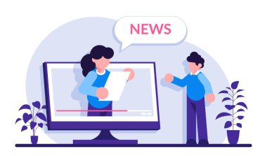 Video haber konsepti. TV sunucusu güncel haberler hakkında konuşuyor. Adam monitörden TV şovu izliyor. Modern düz çizimci.