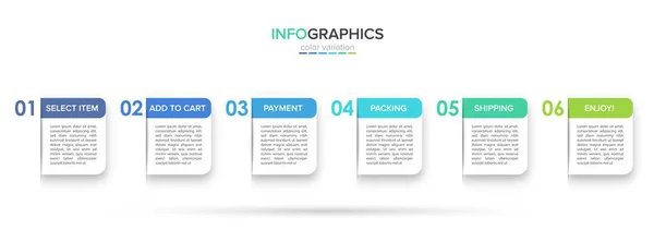 Begreppet shopping process med 6 på varandra följande steg. Sex färgstarka grafiska element. Tidslinje design för broschyr, presentation, hemsida. Infografisk utformning. — Stock vektor