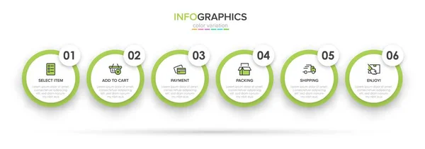 Concept van het winkelproces met 6 opeenvolgende stappen. Zes kleurrijke grafische elementen. Tijdlijn ontwerp voor brochure, presentatie, website. Infografische vormgeving. — Stockvector