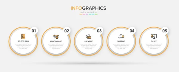 Koncepcja procesu zakupów z 5 kolejnymi krokami. Pięć kolorowych elementów graficznych. Projekt harmonogramu dla broszury, prezentacji, strony internetowej. Układ projektu infograficznego. — Wektor stockowy