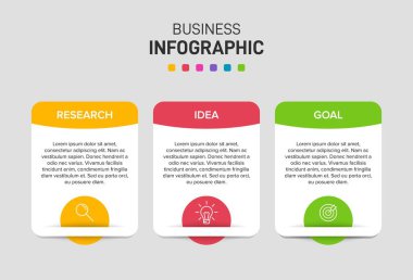 Ardışık üç adımlı ok iş modeli kavramı. Üç renkli grafik öğe. Broşür ve sunum için zaman çizelgesi tasarımı. Infographic tasarım düzeni.
