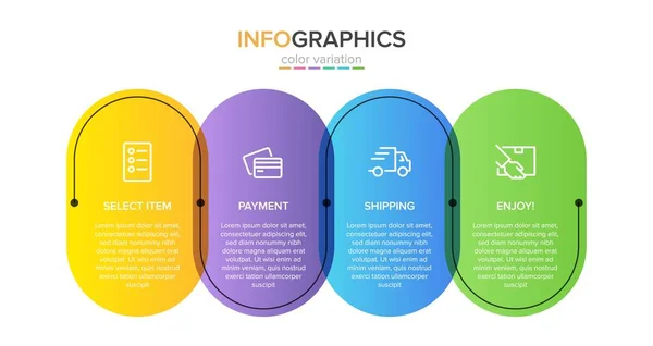 Konzept des Einkaufsprozesses mit 4 aufeinanderfolgenden Schritten. Vier farbenfrohe grafische Elemente. Timeline-Design für Broschüre, Präsentation, Website. Gestaltung der Infografik. — Stockvektor