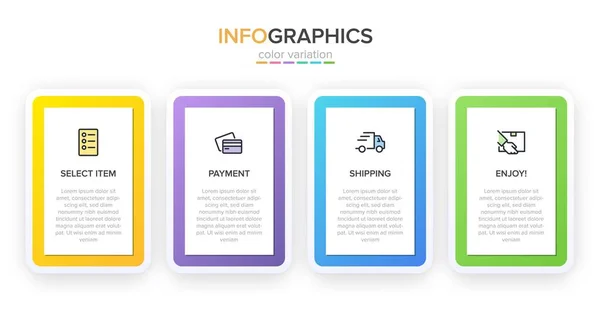 Konzept des Einkaufsprozesses mit 4 aufeinanderfolgenden Schritten. Vier farbenfrohe grafische Elemente. Timeline-Design für Broschüre, Präsentation, Website. Gestaltung der Infografik. — Stockvektor