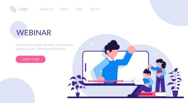 Eğitim web semineri, internet dersleri, profesyonel öğretmenlik hizmeti. Giysi, dijital sınıf, online öğretim metaforları. Modern düz resimleme.