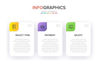 Üst üste üç adımla alışveriş süreci kavramı. Üç renkli grafik öğe. Broşür, sunum ve web sitesi için zaman çizelgesi tasarımı. Infographic tasarım düzeni.