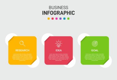 Ardışık üç adımlı ok iş modeli kavramı. Üç renkli grafik öğe. Broşür ve sunum için zaman çizelgesi tasarımı. Infographic tasarım düzeni.