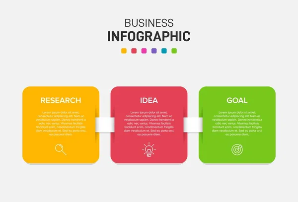Konzept des Pfeil-Geschäftsmodells mit 3 aufeinander folgenden Schritten. Drei farbenfrohe grafische Elemente. Timeline-Design für Broschüre, Präsentation. Gestaltung der Infografik. — Stockvektor