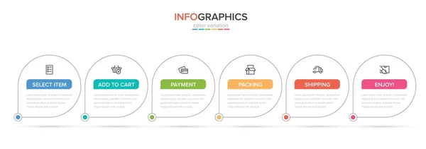 Concept van het winkelproces met 6 opeenvolgende stappen. Zes kleurrijke grafische elementen. Tijdlijn ontwerp voor brochure, presentatie, website. Infografische vormgeving. — Stockvector