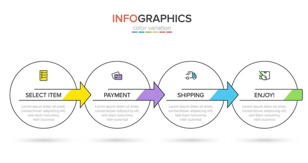 Concept de processus d'achat en 4 étapes successives. Quatre éléments graphiques colorés. Conception du calendrier pour la brochure, la présentation, le site Web. Mise en page infographique. — Image vectorielle