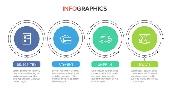 Konzept des Einkaufsprozesses mit 4 aufeinanderfolgenden Schritten. Vier farbenfrohe grafische Elemente. Timeline-Design für Broschüre, Präsentation, Website. Gestaltung der Infografik. — Stockvektor