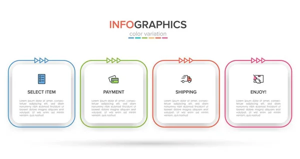 Concepto de proceso de compra con 4 pasos sucesivos. Cuatro coloridos elementos gráficos. Diseño de línea de tiempo para folleto, presentación, sitio web. Diseño infográfico. — Archivo Imágenes Vectoriales