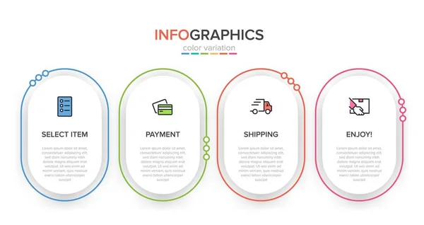 Concepto de proceso de compra con 4 pasos sucesivos. Cuatro coloridos elementos gráficos. Diseño de línea de tiempo para folleto, presentación, sitio web. Diseño infográfico. — Archivo Imágenes Vectoriales